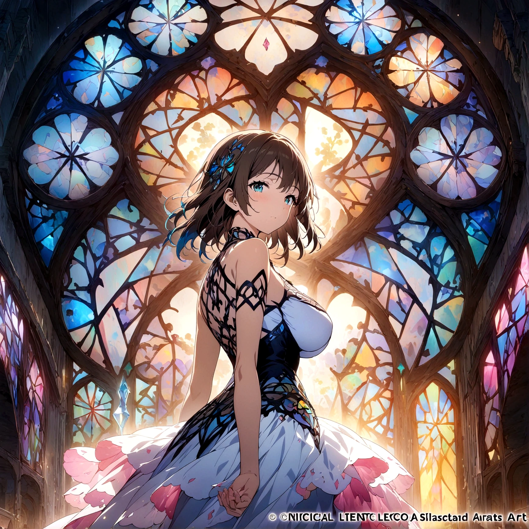 (masterpiece, top quality, best quality,official art, beautiful and aesthetic:1.2),(1girl:1.3), 1girl BREAK stained glass art, colored glass, lead lines, light transmission BREAK vibrant colors, intricate designs, luminous effects, spiritual ambiance