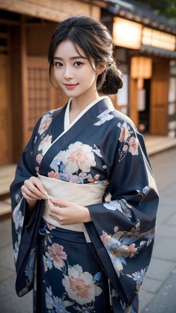 (best quality, masterpiece:1.3), absurd-res, RAW photo, 16K photo album, (realistic), photo-realistic, blurry background, an incredible beautiful girl, innocent, extremely detailed pretty face, extremely detailed large black eyes, chignon, natural skin texture, perfect figure, wearing floral pattern yukata, standing, looking at viewer, gentle smile, on the Japanese traditional street, night, (cowboy shot), shot from front, close-up photo
