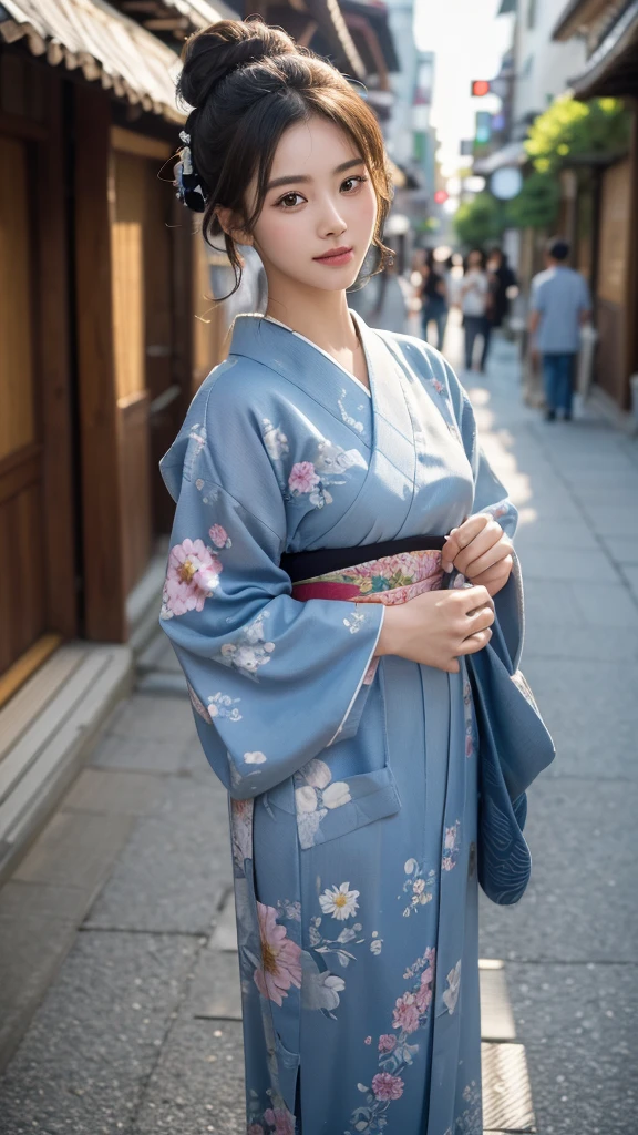 (best quality, masterpiece:1.3), absurd-res, RAW photo, 16K photo album, (realistic), photo-realistic, blurry background, an incredible beautiful girl, innocent, extremely detailed pretty face, extremely detailed large black eyes, chignon, natural skin texture, perfect figure, wearing floral pattern yukata, standing, looking at viewer, gentle smile, on the Japanese traditional street, night, (cowboy shot), shot from front, close-up photo