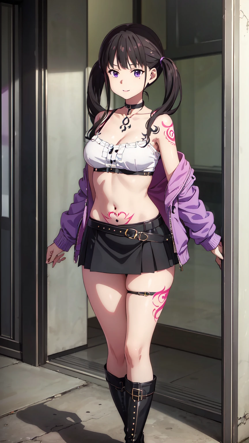score_9, score_8_up, score_7_up, source_anime, rating_explicit, beautyful mature japanese woman, slim body, slender body, black jacket, lowered black jeans,big long fringe black hair, black lipstick, holding pink shotgun, pink bra, serious face, pink panties, supported in a wall
