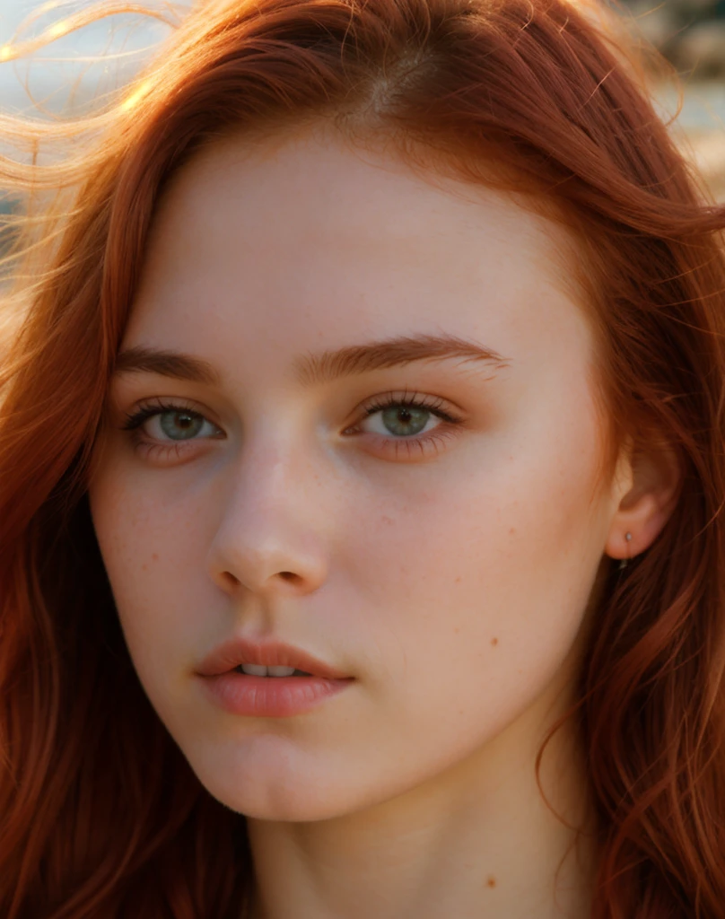 analog raw candid photo of a beautiful young woman, realistic skin texture, dirty red hair, slim, (closed mouth:1.1), erotic, relaxed, sun lighting, summer, beach, 35mm