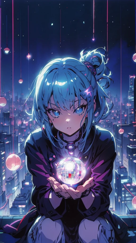 A solemn teenager girl with bright Chrome hair sitting on a rooftop, holding a glowing heart-shaped disco ball, surrounded by floating disco balls in a cityscape at night, dramatic lighting, deep shadows, warm tones, light-up flooring, flashing lights, abasterpiece)), ((best quality)), ultra detailed,((illustration)), dynamic angle, detailed light, (delicate eyes), (ahoge:0.8),apathy, ray,frontage,style of anime4 k, 4k anime wallpaper, badass anime 8 k, 4 k comic wallpaper
