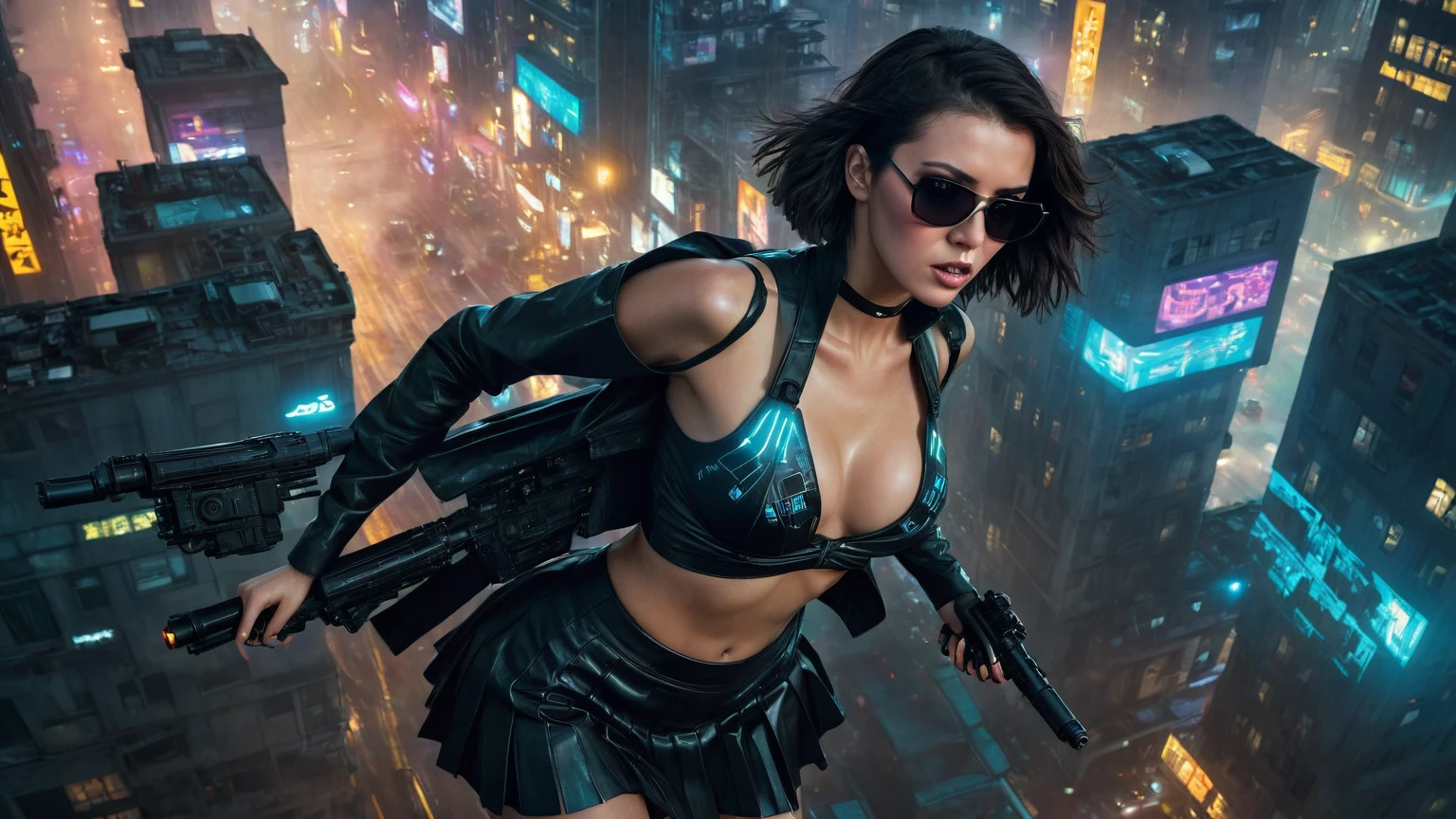 (((((aerial view))))), image of blade runner, tyrell corporation building, adjacent streets and ship tracks - (((((cars flying, drone))))), in a cyberpunk and futuristic environment, masterpiece, intricate details of the machine, 8k. Matrix style, (((((Matrix cascading code))))), (((((a futuristic twin tower skyscraper with a unique twisted design))))), (((((OLED GUI interfaces in the building))))), at night, (((((1girl, solo))))), photo realistic, (((medium-breast:1.3 slim body, cleavage))), (((sling top, extreamly short pleated miniskirt exposing panty))), (((((running pose))))), (((((matrix style black sunglasses))))), ((((((((((aiming with a short gun)))))))))), (((((looking at camera))))), (((very low view))), (((((half-body thigh level medium shot))))), (((cinematic lighting))).