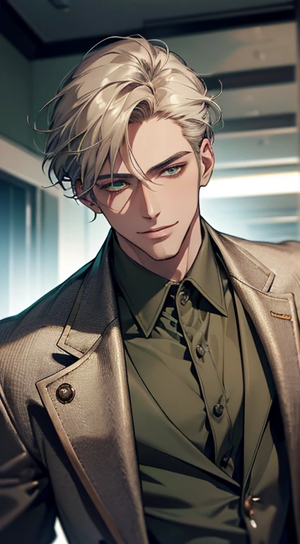 (best quality, masterpiece, 8K, photorealistic, cinematic lighting, hdr image, ultra detailed, beautiful image), a mature man, very handsome, smile, short grey golden hair, green eyes, perfect face without errors, ((buttoning the jacket, CEO))
