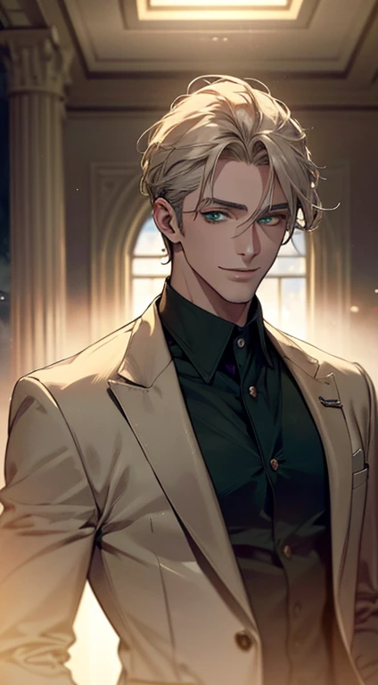 (best quality, masterpiece, 8K, photorealistic, cinematic lighting, hdr image, ultra detailed, beautiful image), a mature man, very handsome, smile, short grey golden hair, green eyes, perfect face without errors, ((buttoning the jacket, CEO))