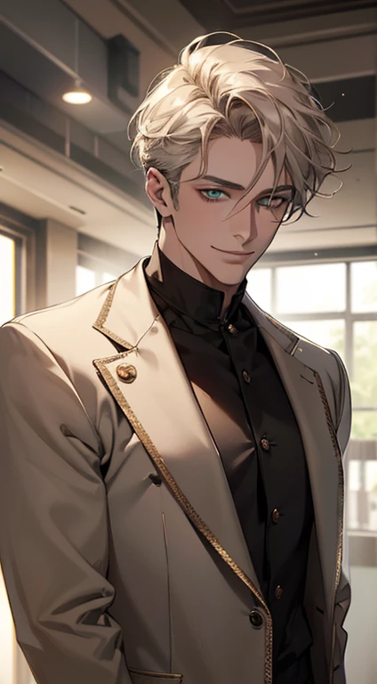 (best quality, masterpiece, 8K, photorealistic, cinematic lighting, hdr image, ultra detailed, beautiful image), a mature man, very handsome, smile, short grey golden hair, green eyes, perfect face without errors, ((buttoning the jacket, CEO))