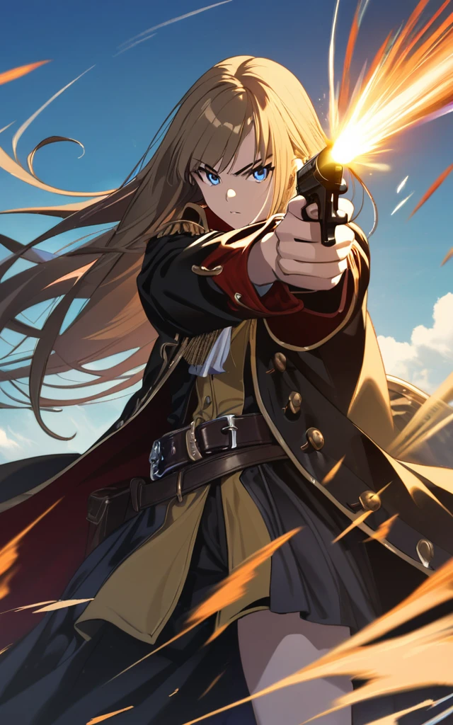 (masterpiece)、(absurdres)、(ultra detailed),Anime illustration、solo lady、dark blonde hair:1.2,(straight long hair)、BREAK、(shiny blue eyes:1.0)、BREAK、(athletic)、[flat chest]、(during:0.9)、(pierce:0.8)、(bracelet:0.7)、(pirates costume)、(pirates coat)、Seaside、Shoot a gun、Firing scene、serious,cowboy shot,side view,