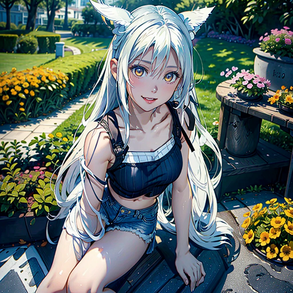 Girl with dog ears and tail, erect ears, honey yellow eyes, Highly detailed eyes, long hair and((((( White))))) with a small braid on the sides, denim shorts, translucent blouse, whole body, looking up, open mouth smile, big chest, beautiful body, detailed face y con amplia gama de gestos, sitting on a bench around a garden with flowers of various colors, detailed background, detailed face, Play of light and shadows, cinematographic, high quality, 8k, Masterpiece, 