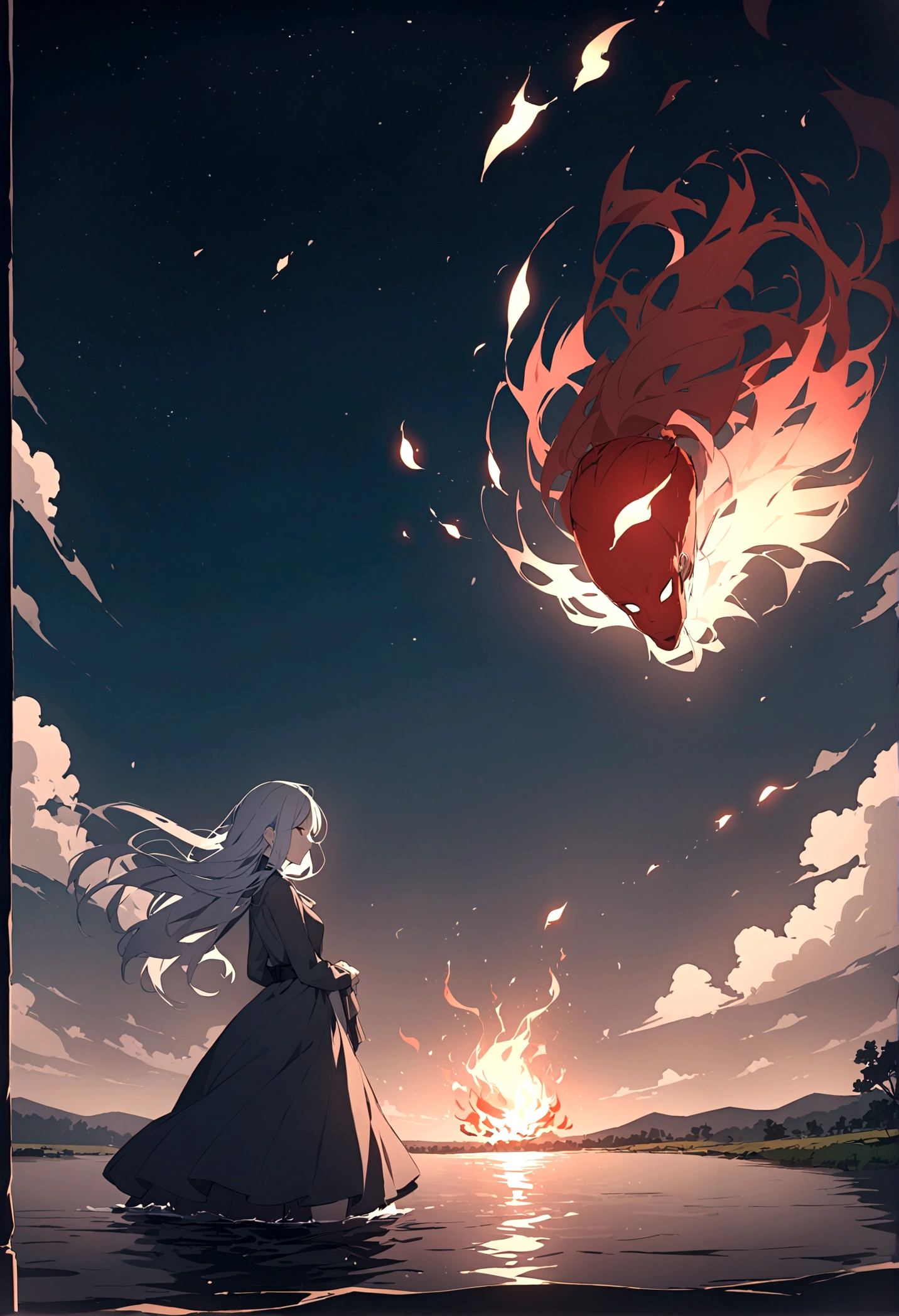 In the night sky, a man&#39;s severed head is flying across the surface of the river at an incredible speed.。Flames flicker around the severed head.。The severed head has a pale, blank look on its face.。Set the background to a tranquil rural landscape with a dark night sky。The wind is blowing、The wind is blowing