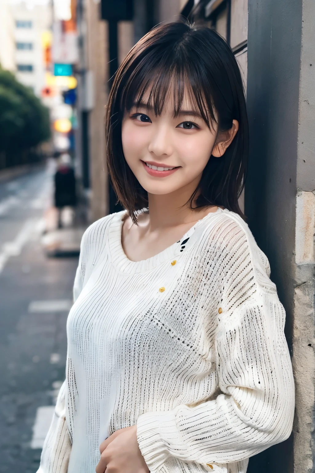 1 Girl, (Wearing a white summer sweater:1.2), Very beautiful Japanese idol portraits, 
(RAW Photos, Highest quality), (Realistic, Realistic:1.4), (masterpiece), 
Very delicate and beautiful, Very detailed, 2k wallpaper, wonderful, finely, Very detailed CG Unity 8K 壁紙, Very detailed, High resolution, Soft Light, 
Beautiful detailed girl, Very detailed目と顔, Beautiful and sophisticated nose, finelyて美しい目, Cinema Lighting, 
(I am doing gravure shoots for fashion magazines.....:1.3), (Outdoor),
(short hair), 
Complete Anatomy, Slender body, Small breasts, smile