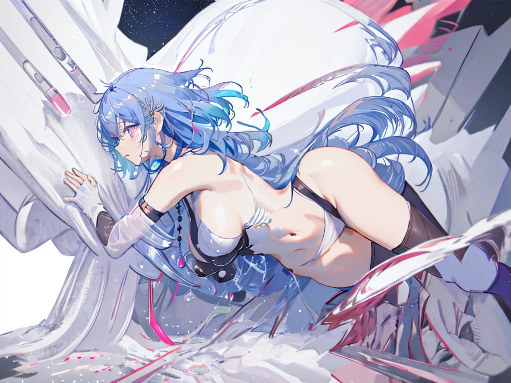 8k wallpaper,tmasterpiece,cinmatic lighting,top Quority,illustratio,Dramatic angles,((a color:1.1)),((Colored inner hair:1.4)),
1girll, solo, long blue hair, SakuraNS, Pink eyes, Cross necklace, parted lip, a white choker, liquid hair, Light blue hair, By bangs, By bangs, From the side Side, contours, The upper part of the body, blue hairs, simple backgound, pink back ground, exposed bare shoulders, sportrait, looking at viewert, white dresses, hairsbetweeneyes, colorfulhair, Galaxy Background, Nebula, 耳Nipple Ring,jewely, majestic space creature