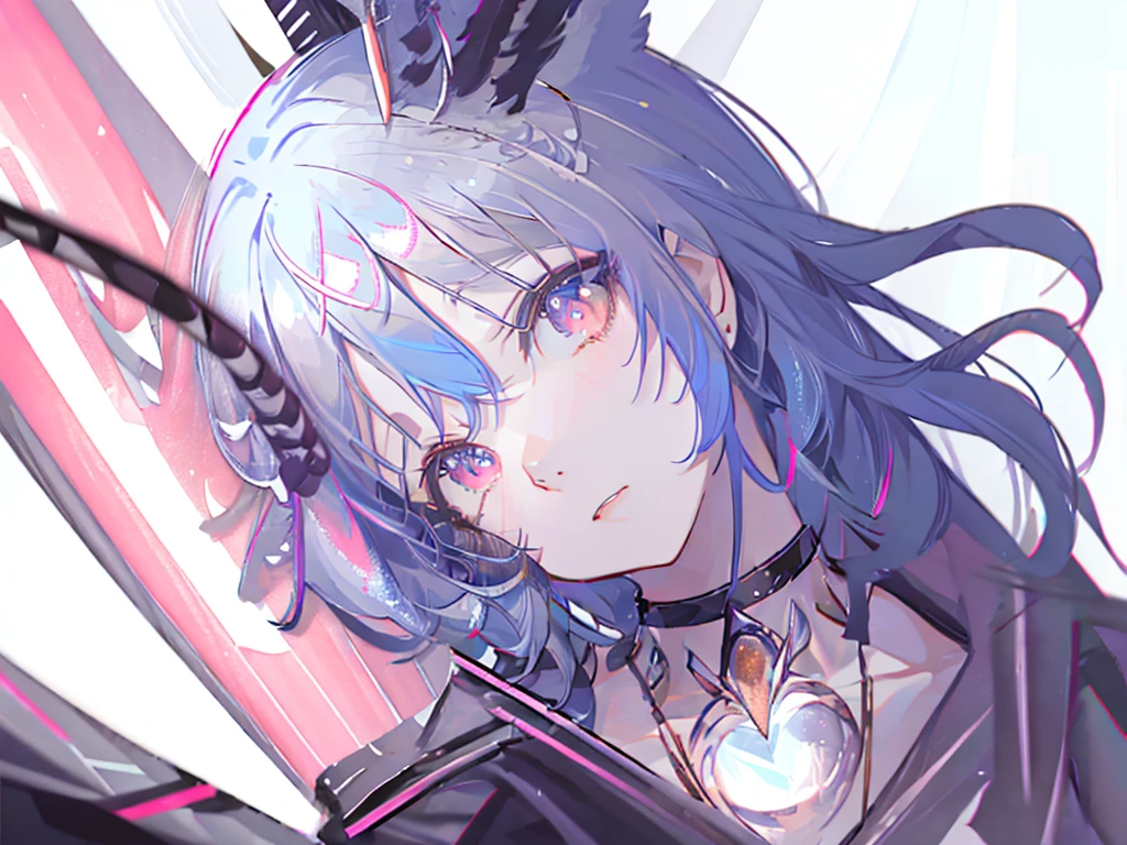 8k wallpaper，tmasterpiece，cinmatic lighting，top Quority，illustratio，Dramatic angles，（（a color：1.1）），（（Colored inner hair：1.4）），
1girll， solo， long blue hair， SakuraNS， Pink eyes， Cross necklace， parted lip， a white choker， liquid hair， Light blue hair， By bangs， By bangs， From the side Side， contours， The upper part of the body， blue hairs， simple backgound， pink back ground， exposed bare shoulders， sportrait， looking at viewert， white dresses， hairsbetweeneyes， colorfulhair， Galaxy Background, Nebula, 耳Nipple Ring，jewely, majestic space creature