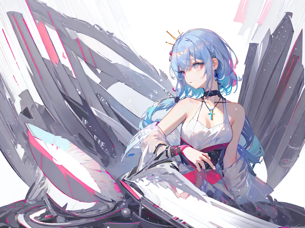 8k wallpaper,tmasterpiece,cinmatic lighting,top Quority,illustratio,Dramatic angles,((a color:1.1)),((Colored inner hair:1.4)),
1girll, solo, long blue hair, SakuraNS, Pink eyes, Cross necklace, parted lip, a white choker, liquid hair, Light blue hair, By bangs, By bangs, From the side Side, contours, The upper part of the body, blue hairs, simple backgound, pink back ground, exposed bare shoulders, sportrait, looking at viewert, white dresses, hairsbetweeneyes, colorfulhair, Galaxy Background, Nebula, 耳Nipple Ring,jewely, majestic space creature