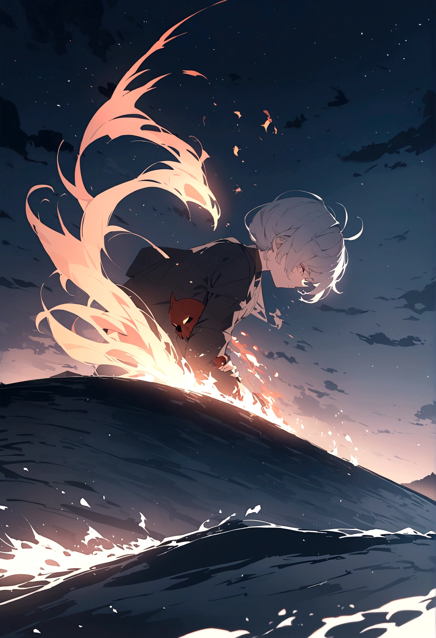 In the night sky, a man&#39;s severed head is flying across the surface of the river at an incredible speed.。Flames flicker around the severed head.。The severed head has a pale, blank look on its face.。Set the background to a tranquil rural landscape with a dark night sky。The wind is blowing、The wind is blowing