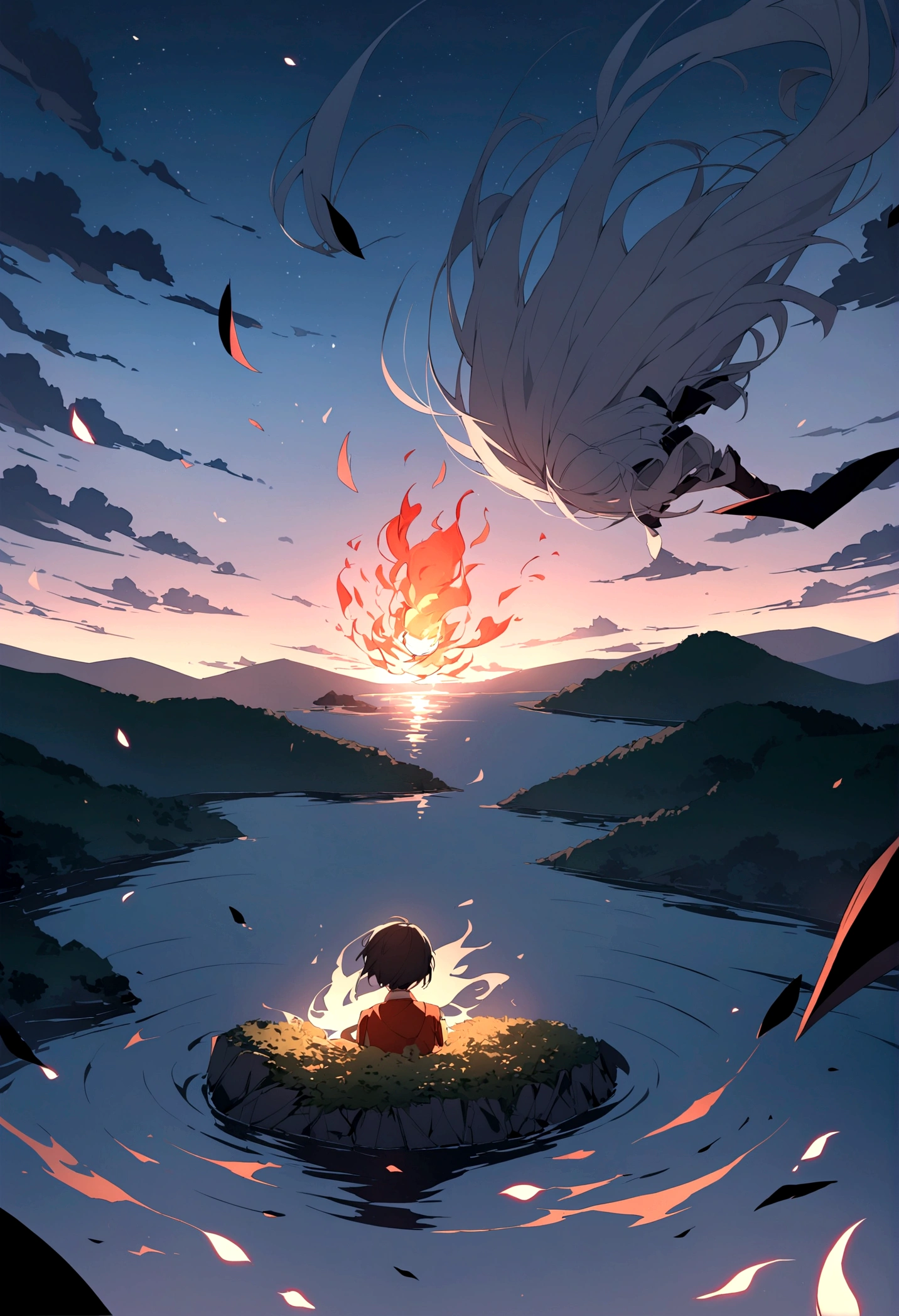 In the night sky, a man's severed head is flying across the surface of the river at an incredible speed.。Flames flicker around the severed head.。The severed head has a pale, blank look on its face.。Set the background to a tranquil rural landscape with a dark night sky。The wind is blowing、The wind is blowing