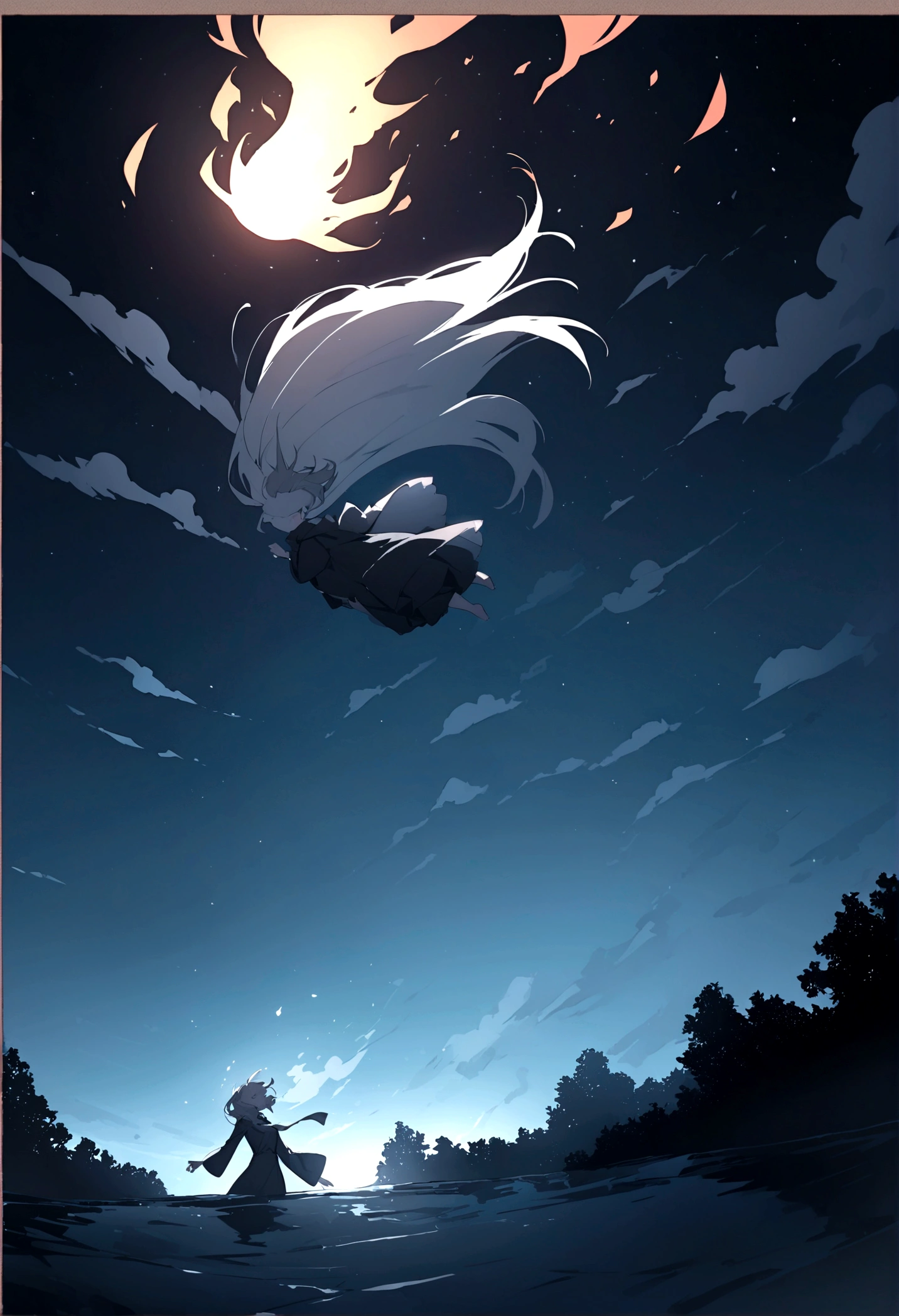 In the night sky, a man&#39;s severed head is flying across the surface of the river at an incredible speed.。Flames flicker around the severed head.。The severed head has a pale, blank look on its face.。Set the background to a tranquil rural landscape with a dark night sky。The wind is blowing、The wind is blowing