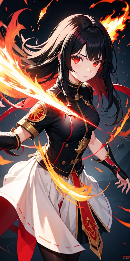 1girl, black hair, red eyes, fire witch, blood, light particles, light rays, wallpaper, high contrast, colorful,