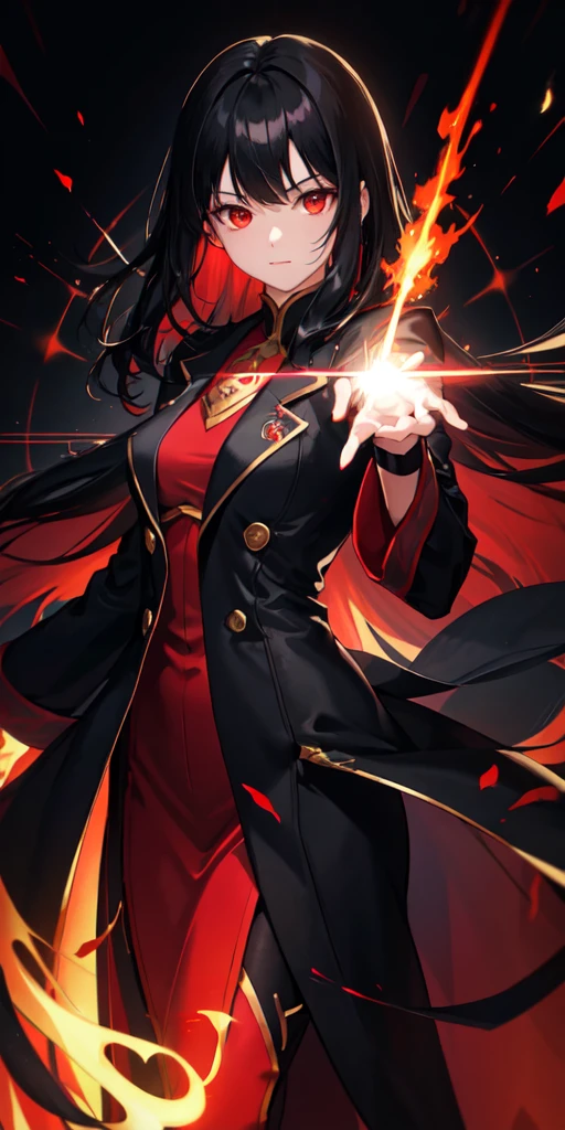 1girl, black hair, red eyes, fire witch, blood, light particles, light rays, wallpaper, high contrast, colorful,