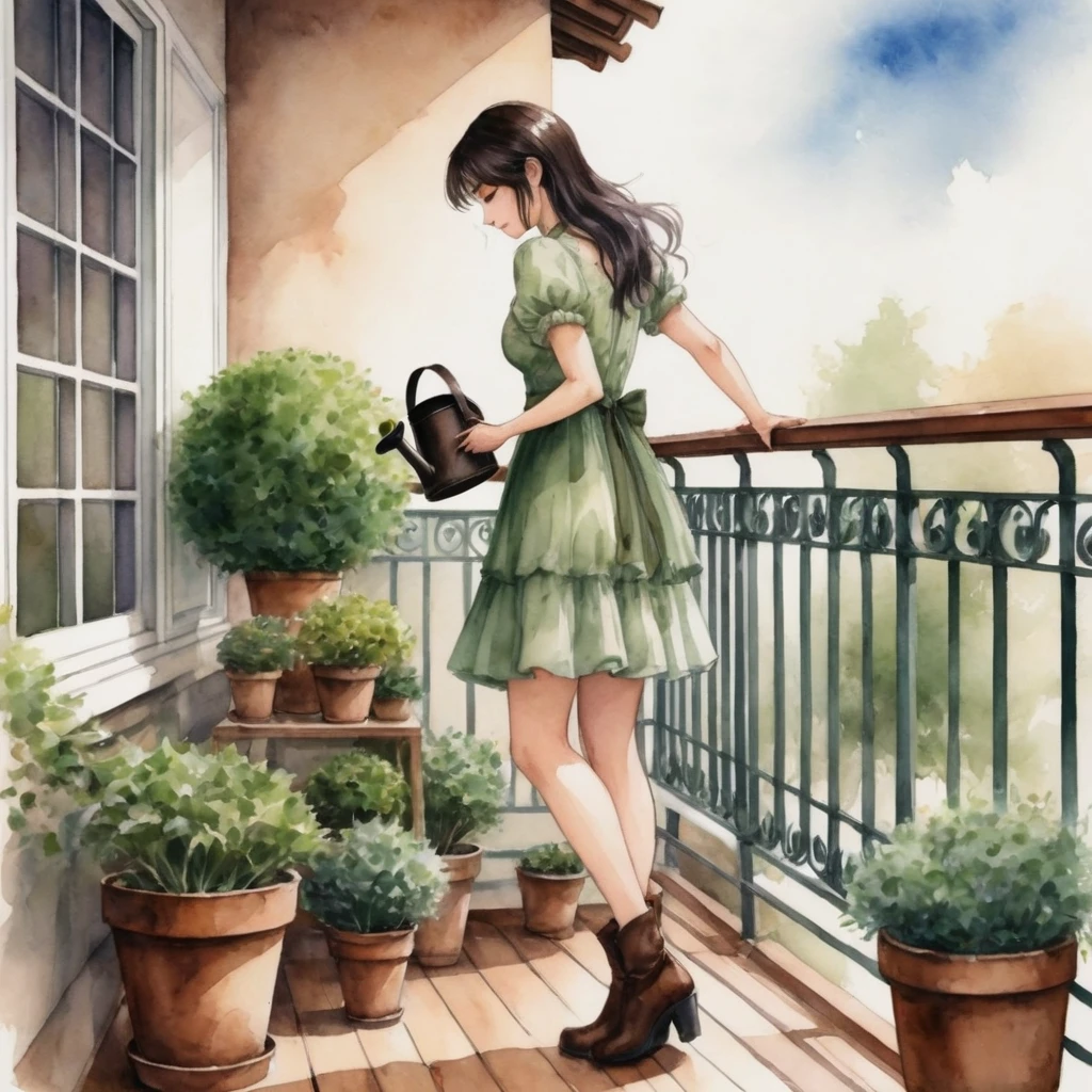 anime girl, Watercolor painting. Captured, a woman is seen watering several potted plants on a balcony. She is dressed in a short whitish green dress, adorned with short sleeves and a ruffled neckline. Her long, dark hair is neatly pulled back into a ponytail, and she is wearing high-heeled brown boots. Her right hand is raised, holding a watering can, while her left hand is positioned on the balcony railing. The balcony railing, dark brown in color, is punctuated by a series of wrought iron bars, adding a touch of elegance to the environment. The setting has wooden floors, giving the composition a rustic charm. soft light.