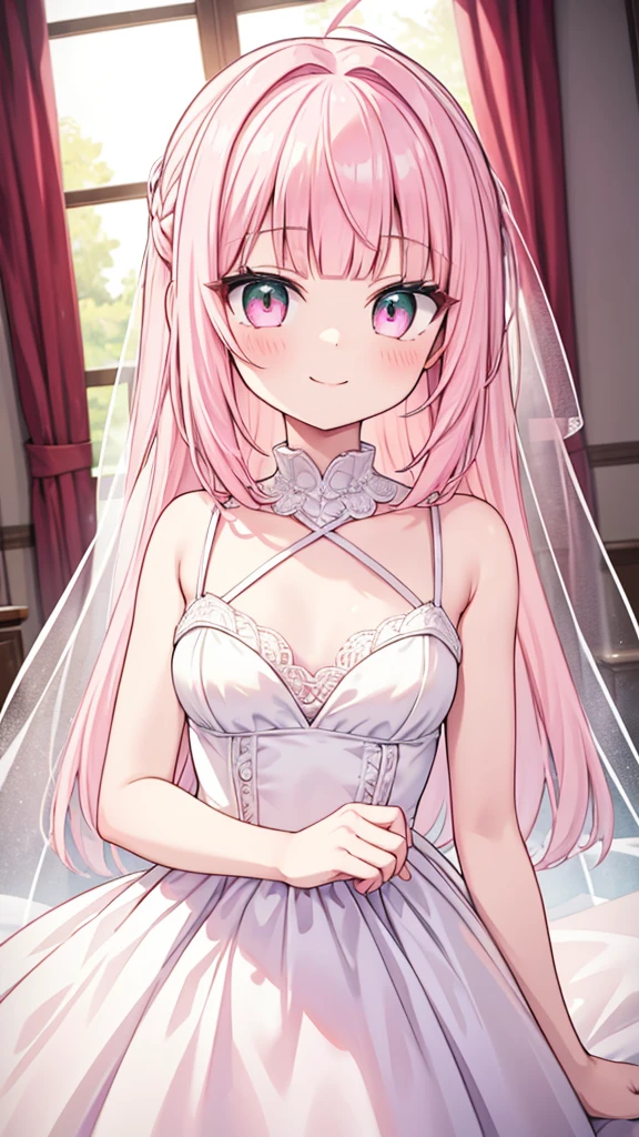 masterpiece, best quality, hyper detailed,1girl, smiling, looking at viewer,flat chest,light pink hair, blunt bangs,middle hair,gradient eyes,light pink eyes,light green eyes,Wedding dress,