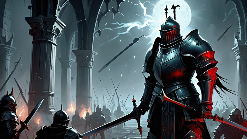 Amidst the chaos of a moonlit battlefield, where the air is thick with the acrid scent of blood and smoke, stands a lone medieval knight
The knight's armor, once gleaming with the pride of his order, is now dented and scarred, bearing the marks of countless battles against both mortal foes and eldritch horrors. In his gauntleted hand, he grips a massive sword, its blade etched with runes that pulse with a faint, malevolent light. His face, hidden behind a visor, reveals only his piercing eyes—eyes that burn with determination and the weight of a grim destiny.
Surrounding him, the remnants of his warband clash with monstrous creatures that have emerged from the depths of the Abyss—twisted abominations with eyes that gleam with a hunger for destruction. The dark sky above is rent with flashes of arcane lightning, illuminating the skeletal remains of ancient fortresses and the spectral forms of fallen warriors rising to join the fray.
In the distance, the silhouette of a cursed castle looms ominously, its towers reaching skyward like skeletal fingers clawing at the heavens. The castle's windows flicker with an unnatural light, hinting at the dark sorcery and malevolent forces that reside within its walls. As the knight advances, he knows that his final confrontation with the malevolent sorcerer who has unleashed this nightmare upon the world draws near.
In this dark medieval fantasy image, the knight's unwavering resolve and the epic struggle against insurmountable odds are captured in vivid detail, painting a scene of both heroic valor and the encroaching darkness that threatens to engulf the realm. The image tells a story of sacrifice, courage