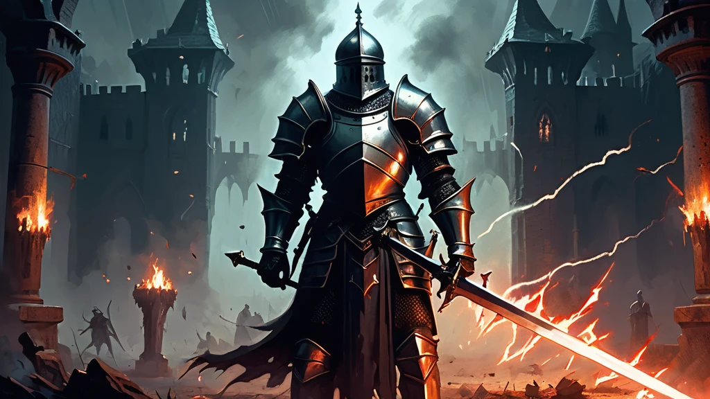 Amidst the chaos of a moonlit battlefield, where the air is thick with the acrid scent of blood and smoke, stands a lone medieval knight
The knight's armor, once gleaming with the pride of his order, is now dented and scarred, bearing the marks of countless battles against both mortal foes and eldritch horrors. In his gauntleted hand, he grips a massive sword, its blade etched with runes that pulse with a faint, malevolent light. His face, hidden behind a visor, reveals only his piercing eyes—eyes that burn with determination and the weight of a grim destiny.
Surrounding him, the remnants of his warband clash with monstrous creatures that have emerged from the depths of the Abyss—twisted abominations with eyes that gleam with a hunger for destruction. The dark sky above is rent with flashes of arcane lightning, illuminating the skeletal remains of ancient fortresses and the spectral forms of fallen warriors rising to join the fray.
In the distance, the silhouette of a cursed castle looms ominously, its towers reaching skyward like skeletal fingers clawing at the heavens. The castle's windows flicker with an unnatural light, hinting at the dark sorcery and malevolent forces that reside within its walls. As the knight advances, he knows that his final confrontation with the malevolent sorcerer who has unleashed this nightmare upon the world draws near.
In this dark medieval fantasy image, the knight's unwavering resolve and the epic struggle against insurmountable odds are captured in vivid detail, painting a scene of both heroic valor and the encroaching darkness that threatens to engulf the realm. The image tells a story of sacrifice, courage