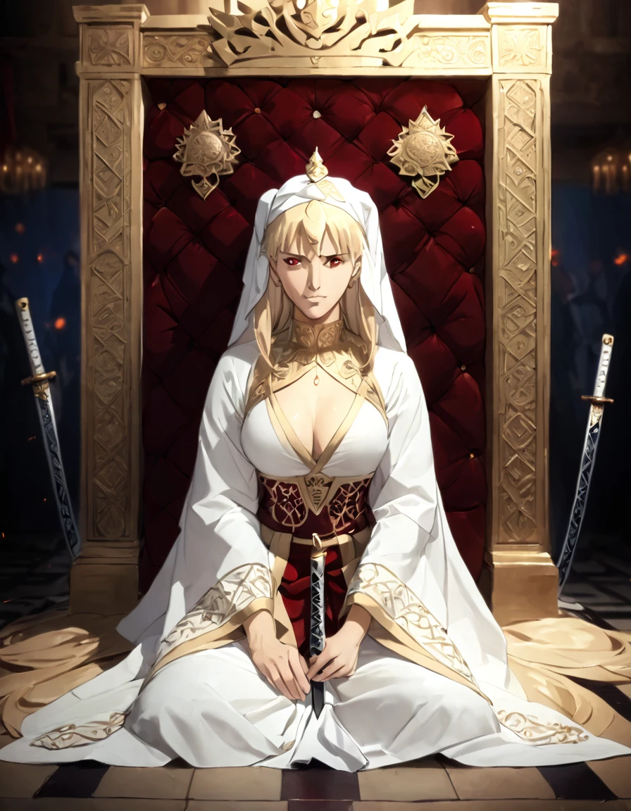 {{masterpiece、Highest quality、(((Realistic、Realistic:1.37)))、8K quality、Very delicate and beautiful、wonderful、Large file size、Very detailed、Very detailed、Cinema Lighting}}、((One beautiful man)),((Fate Stay Night Drawing)), Gilgamesh Male Solo, Emperor, whole body, ((Detailed character portrayal)), An exquisitely decorated throne, A palace made of cut stone, A room lit by flickering torches, A man violently climbs onto a throne and sits down, A face laughing out loud like a joke, ((One beautiful man)), ((Red eyes)), Long Hair, blonde, Wrap a turban around your head, (background: Countless swords displayed on the wall, All facing the same direction, Different types of swords, 1 female attendant, Woman in beautiful arabic costume, Stand beside the throne),