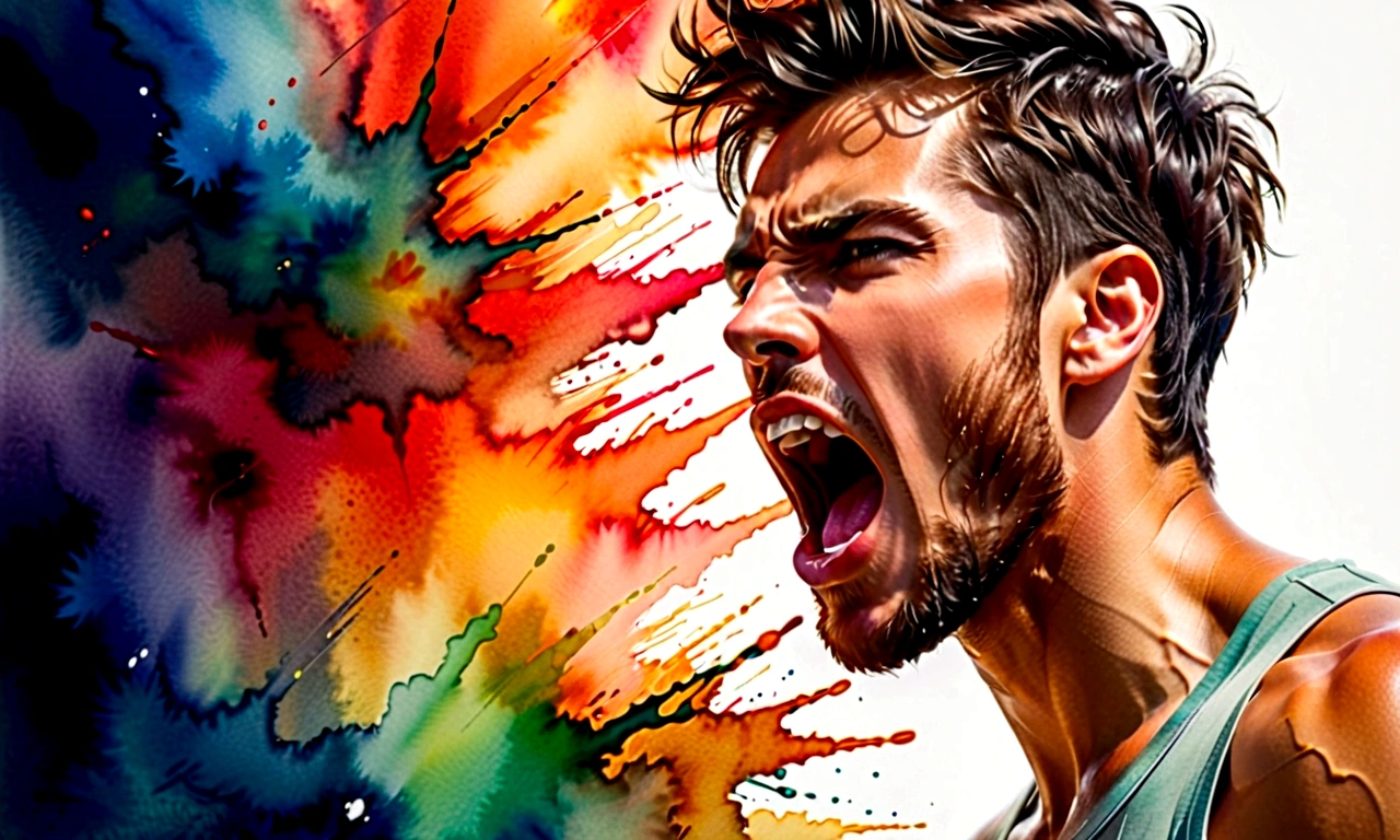 side view of a young man,His mouth opened wide and he shouted loudly in anger...,watercolor,abstract art,greatly exaggerated