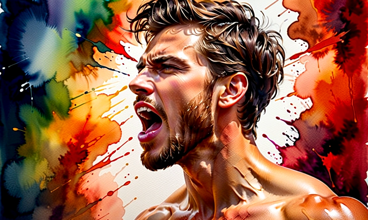 side view of a young man,His mouth opened wide and he shouted loudly in anger...,watercolor,abstract art,greatly exaggerated