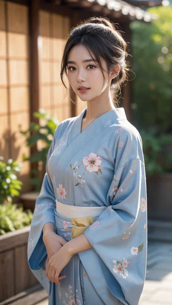 (best quality, masterpiece:1.3), absurd-res, RAW photo, 16K photo album, (realistic), photo-realistic, blurry background, an incredible beautiful girl, innocent, extremely detailed pretty face, extremely detailed large black eyes, chignon, natural skin texture, perfect figure, wearing floral pattern yukata, standing, looking at viewer, gentle smile, on the Japanese traditional street, night, (cowboy shot), shot from front, close-up photo