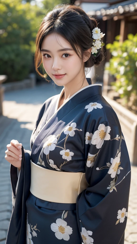 (best quality, masterpiece:1.3), absurd-res, RAW photo, 16K photo album, (realistic), photo-realistic, blurry background, an incredible beautiful girl, innocent, extremely detailed pretty face, extremely detailed large black eyes, chignon, natural skin texture, perfect figure, wearing floral pattern yukata, standing, looking at viewer, gentle smile, on the Japanese traditional street, night, (cowboy shot), shot from front, close-up photo