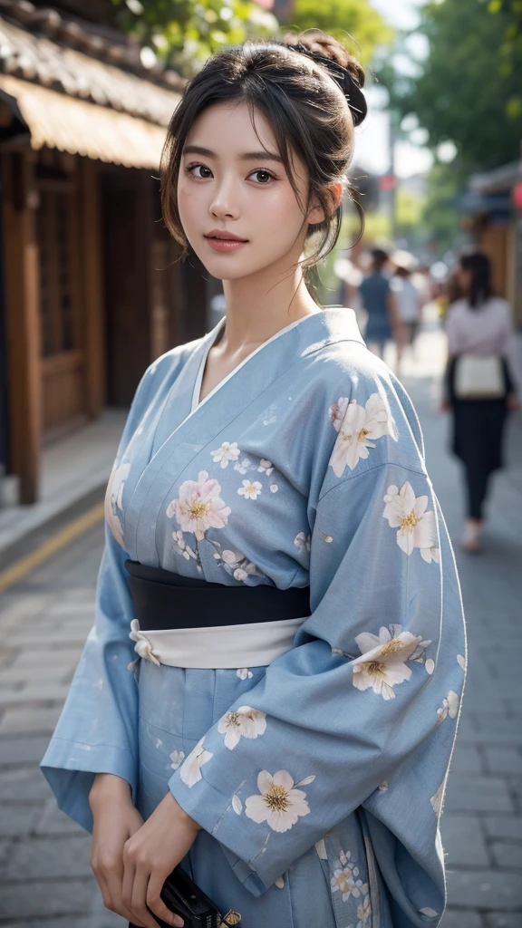 (best quality, masterpiece:1.3), absurd-res, RAW photo, 16K photo album, (realistic), photo-realistic, blurry background, an incredible beautiful girl, innocent, extremely detailed pretty face, extremely detailed large black eyes, chignon, natural skin texture, perfect figure, wearing floral pattern yukata, standing, looking at viewer, gentle smile, on the Japanese traditional street, night, (cowboy shot), shot from front, close-up photo