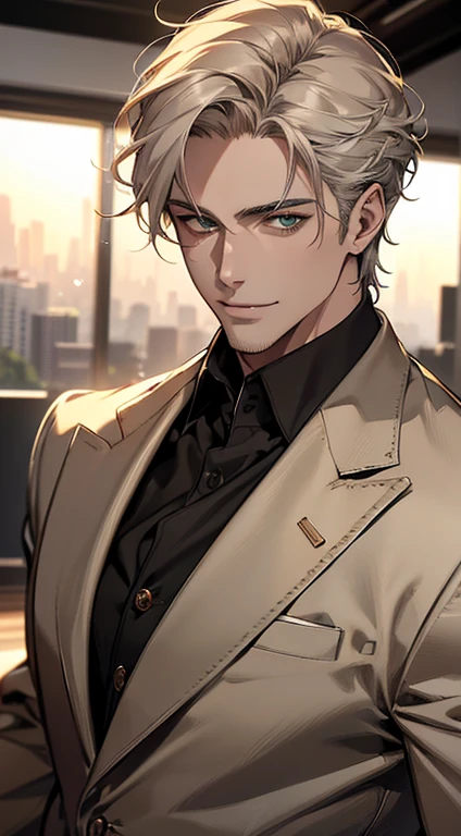 (best quality, masterpiece, 8K, photorealistic, cinematic lighting, hdr image, ultra detailed, beautiful image), a mature man, very handsome, smile, short grey golden hair, green eyes, perfect face without errors, ((buttoning the jacket, CEO))