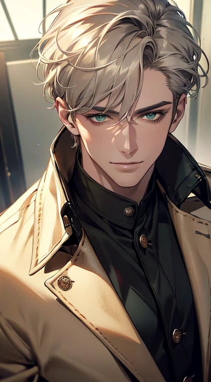 (best quality, masterpiece, 8K, photorealistic, cinematic lighting, hdr image, ultra detailed, beautiful image), a mature man, very handsome, smile, short grey golden hair, green eyes, perfect face without errors, ((buttoning the jacket, CEO))