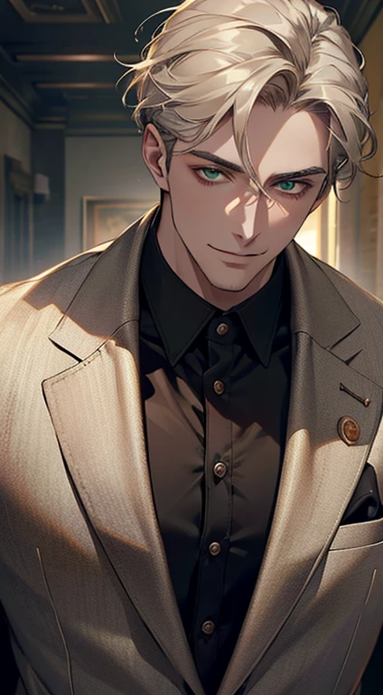 (best quality, masterpiece, 8K, photorealistic, cinematic lighting, hdr image, ultra detailed, beautiful image), a mature man, very handsome, smile, short grey golden hair, green eyes, perfect face without errors, ((buttoning the jacket, CEO))