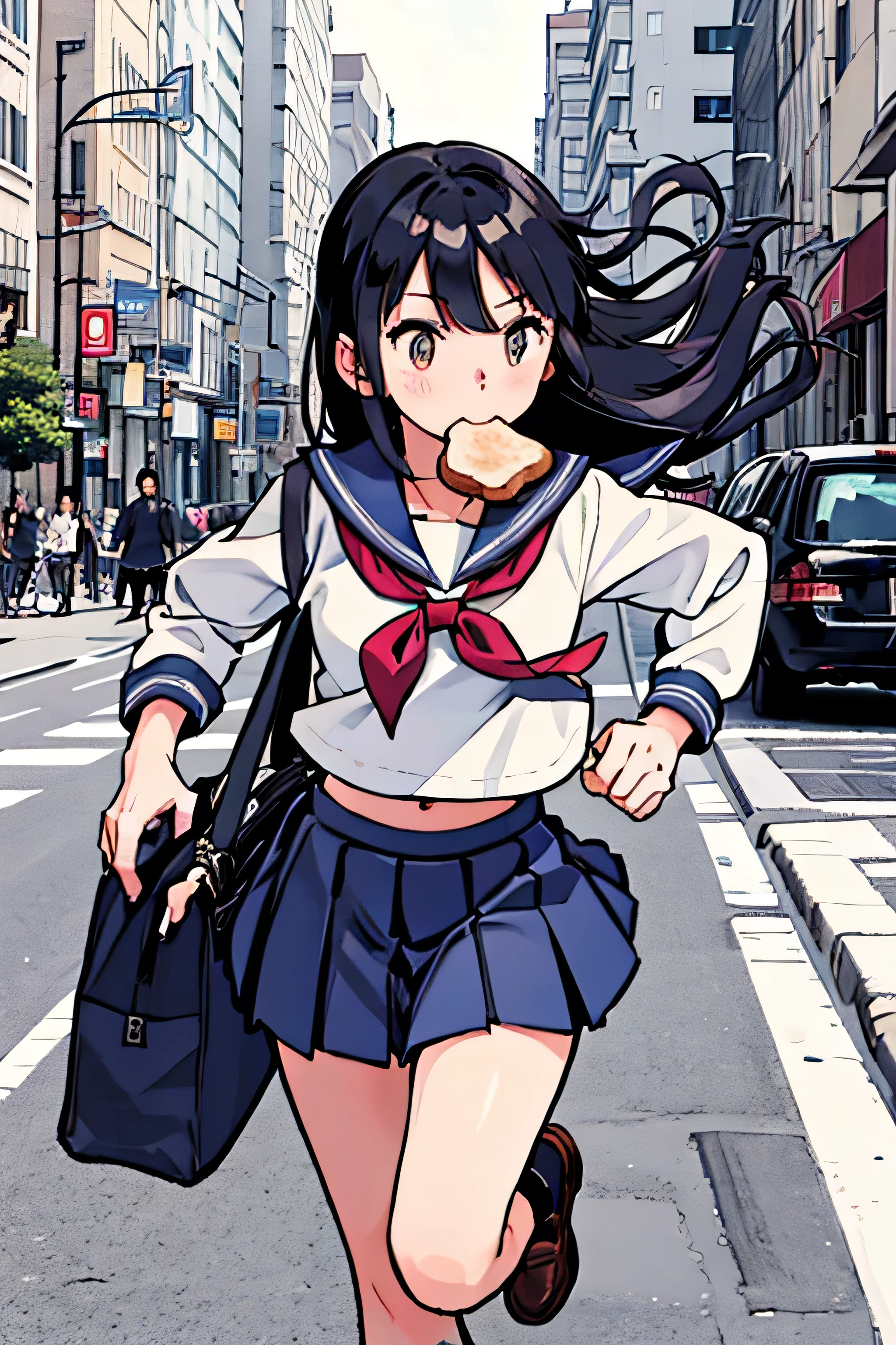 masterpiece, Highest quality, girl, serafuku, Blue ribbon, Pleated skirt, blue socks, loafers, City Street, running, Toast in the mouth, Line art:1.2