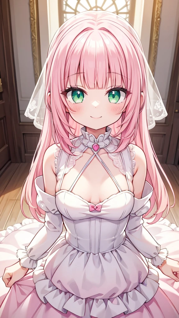 masterpiece, best quality, hyper detailed,1girl, smiling, looking at viewer,flat chest,light pink hair, blunt bangs,middle hair,gradient eyes,light pink eyes,light green eyes,Wedding dress,