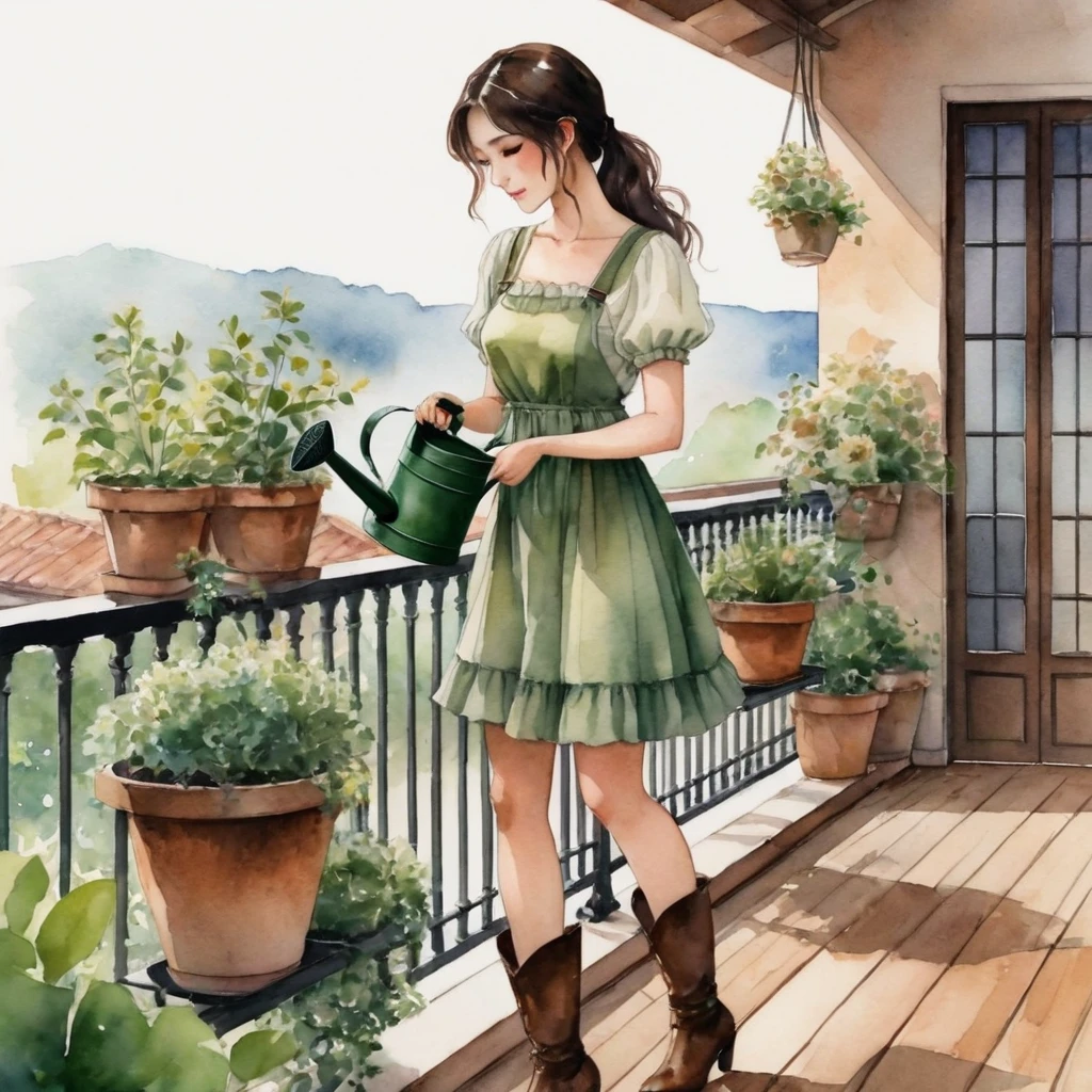 anime girl, Watercolor painting. Captured, a woman is seen watering several potted plants on a balcony. She is dressed in a short whitish green dress, adorned with short sleeves and a ruffled neckline. Her long, dark hair is neatly pulled back into a ponytail, and she is wearing high-heeled brown boots. Her right hand is raised, holding a watering can, while her left hand is positioned on the balcony railing. The balcony railing, dark brown in color, is punctuated by a series of wrought iron bars, adding a touch of elegance to the environment. The setting has wooden floors, giving the composition a rustic charm. soft light.