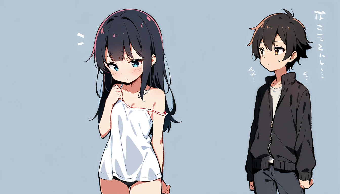 Long black haired girl、White long slip、In underwear。Shyness、Standing posture、Men's Room