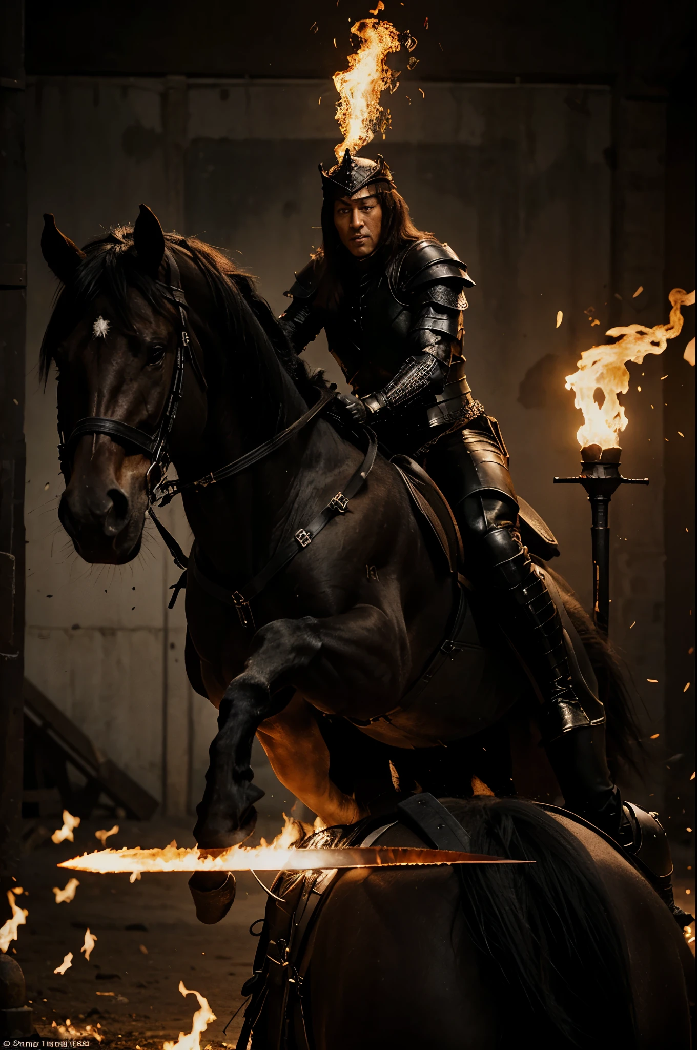 The king in black armor is animated riding a black horse and a flaming sword
