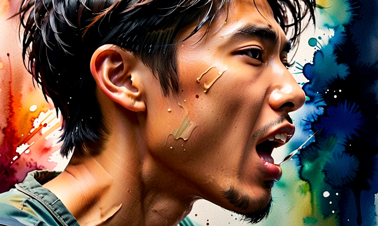 Side view of a young Asian man,His mouth opened wide and he shouted loudly in anger...,watercolor,abstract art,greatly exaggerated