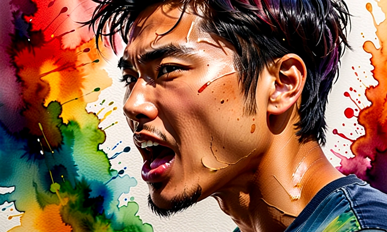 Side view of a young Asian man,His mouth opened wide and he shouted loudly in anger...,watercolor,abstract art,greatly exaggerated