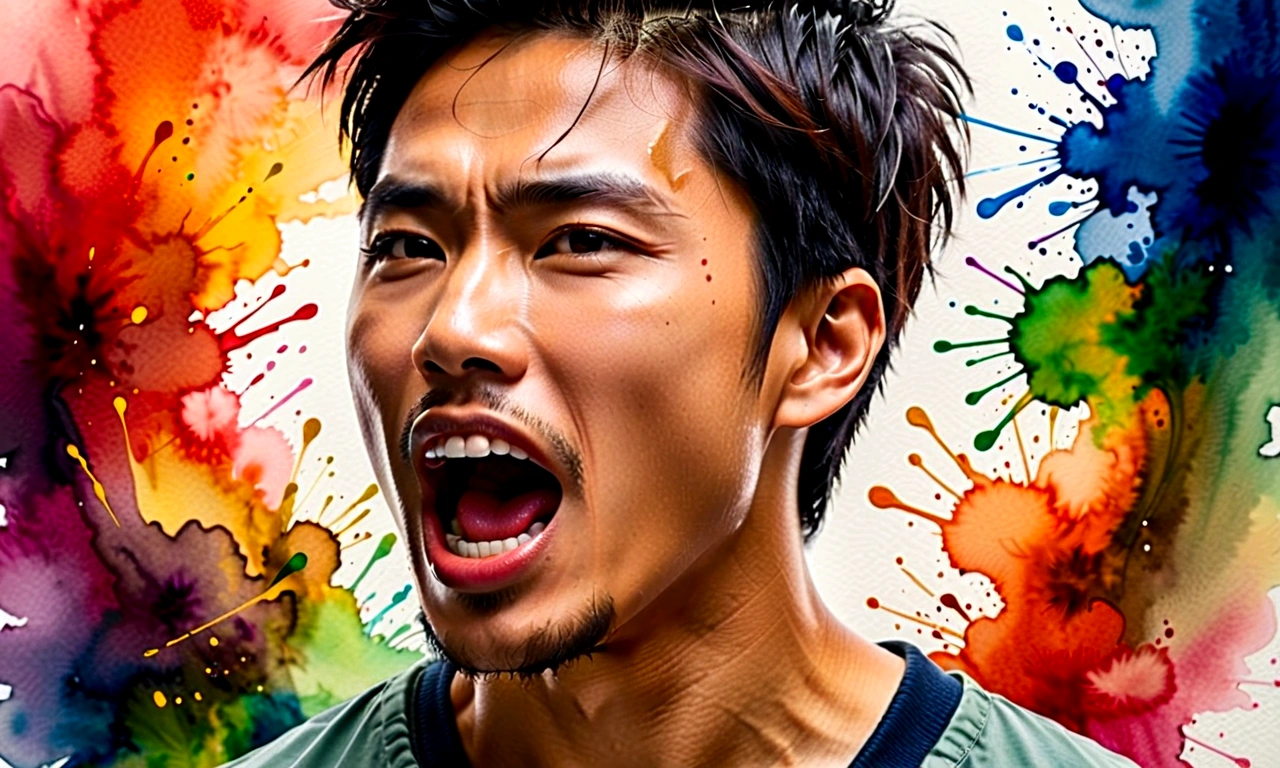 Side view of a young Asian man,His mouth opened wide and he shouted loudly in anger...,watercolor,abstract art,greatly exaggerated