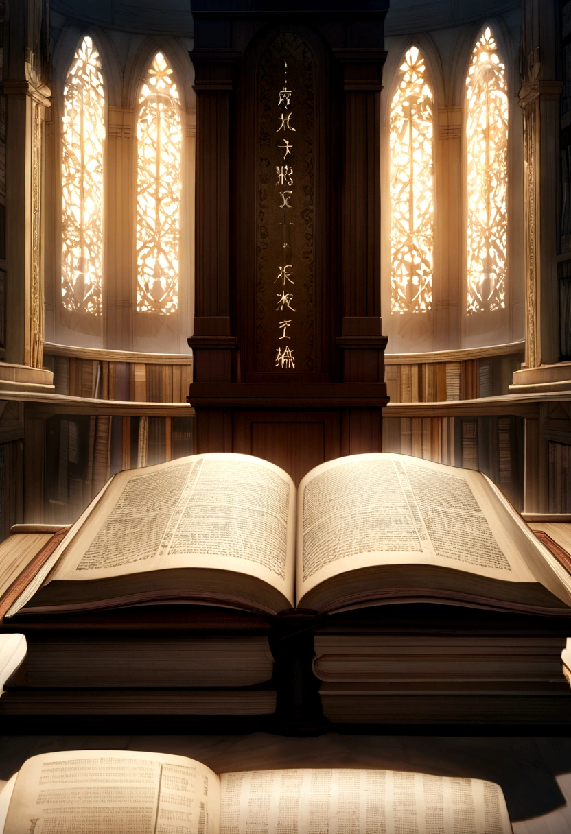 "please, Creating high-resolution images of the Bible that capture the grandeur and spiritual importance of this sacred book. The image is聖書の歴史的、Must convey religious significance, Present it with dignity and respect. Use soft lighting to highlight the details on the cover and pages, Emphasizing texture and aging, Where applicable. Place your Bible in a place that evokes a sacred environment, Like the wooden shelves of an old library and the illuminated altars. Use subtle colors、You need to use typography, Presented, Must be elegant and discreet. The image is、It should inspire reverence and a spiritual connection to the words and teachings of the Bible.。."