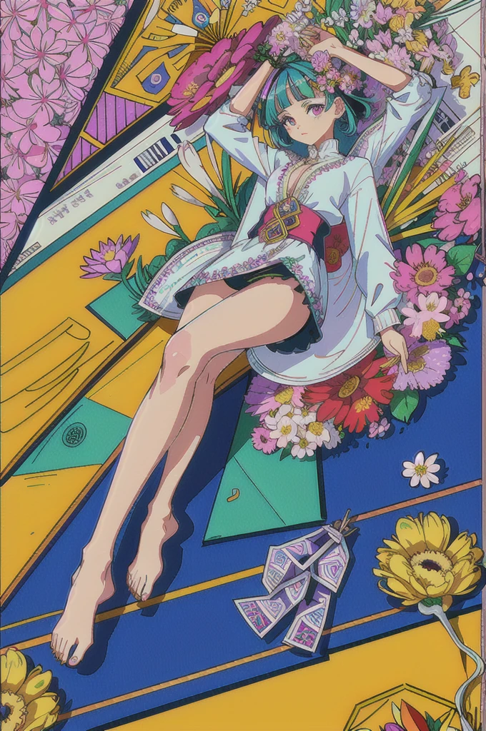 (ultra-detailed background, detailed background), absurdres, highres, ultra detailed, extremly detailed, 1girl, (bunch of flowers:1.3), (zentangle:1.2), (geometric:1.2),(colorful),