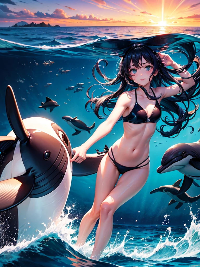 Highest quality,Highest Resolution,Girl swimming in the deep sea,The picturesque world of Lassen,Dolphins and Killer Whales,coral,sunset,