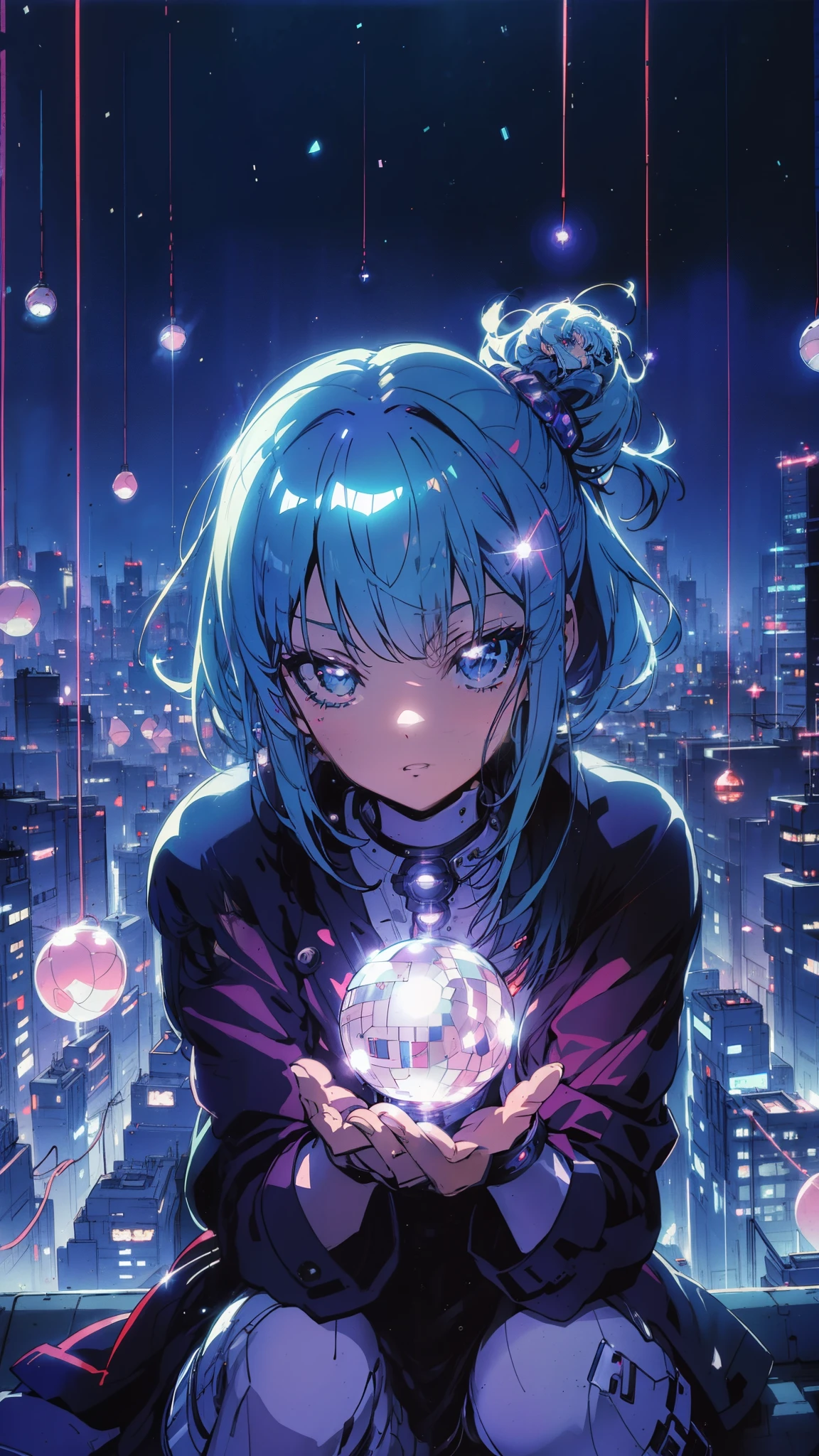 A solemn teenager girl with bright Chrome hair sitting on a rooftop, holding a glowing heart-shaped disco ball, surrounded by floating disco balls in a cityscape at night, dramatic lighting, deep shadows, warm tones, light-up flooring, flashing lights, abasterpiece)), ((best quality)), ultra detailed,((illustration)), dynamic angle, detailed light, (delicate eyes), (ahoge:0.8),apathy, ray，frontage，style of anime4 k， 4k anime wallpaper， badass anime 8 k， 4 k comic wallpaper