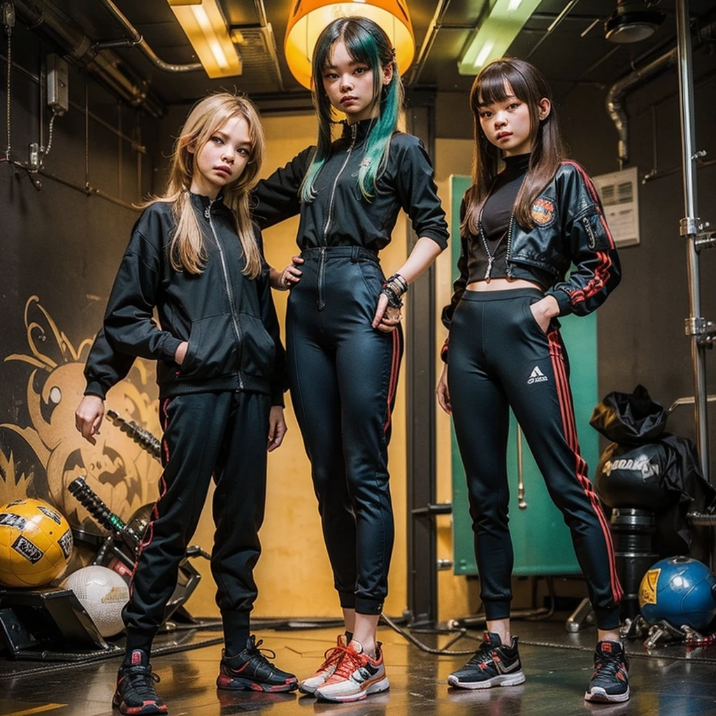 Black workwear jumpsuit、Costume with glowing yellow-green linesを着た女性, cyber punk, Hard Rock Metal, Mosh Pit, (Highest quality,4K,8K,High resolution,masterpiece:1.2),Live Stage、Costume with glowing yellow-green lines、Large sunglasses,Punkish hairstyle、Full body portrait
