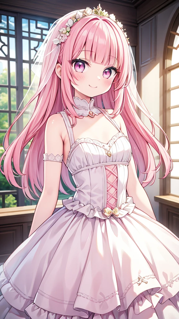 masterpiece, best quality, hyper detailed,1girl, smiling, looking at viewer,flat chest,light pink hair, blunt bangs,middle hair,gradient eyes,light pink eyes,light green eyes,Wedding dress,