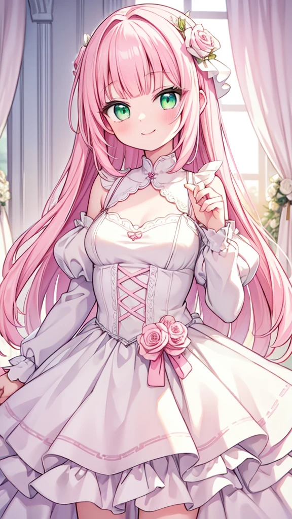 masterpiece, best quality, hyper detailed,1girl, smiling, looking at viewer,flat chest,light pink hair, blunt bangs,middle hair,gradient eyes,light pink eyes,light green eyes,Wedding dress,